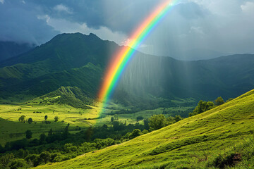 Mountain with colorful rainbow in cloudy sky over field. Nature landscape after storm. Spring...