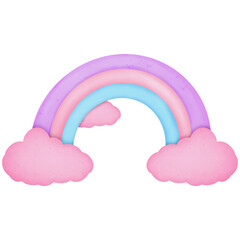 A brightly colored rainbow arches above. pink clouds