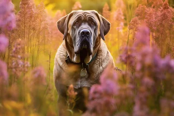 Papier Peint photo Prairie, marais Mastiff dog sitting in meadow field surrounded by vibrant wildflowers and grass on sunny day ai generated