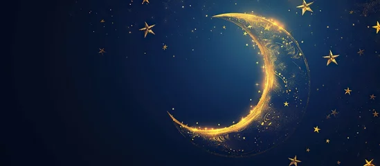 Poster Ramadan kareem banner background, crescent moon and stars ornament on navy background © Gethuk_Studio