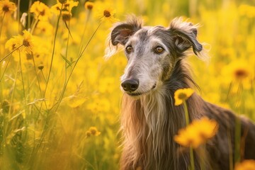 Scottish deerhound dog sitting in meadow field surrounded by vibrant wildflowers and grass on sunny day ai generated