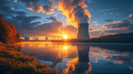 A large nuclear power plant station Nuclear and cooling towers with a landscape.high-voltage tower at sunset - obrazy, fototapety, plakaty