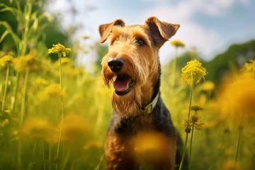 Papier Peint photo autocollant Prairie, marais Airedale terrier dog sitting in meadow field surrounded by vibrant wildflowers and grass on sunny day AI Generated