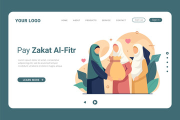 Pay Zakat Al-Fitr on landing page template. Islamic Ramadan concept of giving charity or share with others on landing page