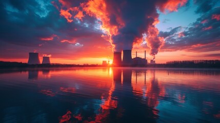 A large nuclear power plant station Nuclear and cooling towers with a landscape.high-voltage tower at sunset - obrazy, fototapety, plakaty
