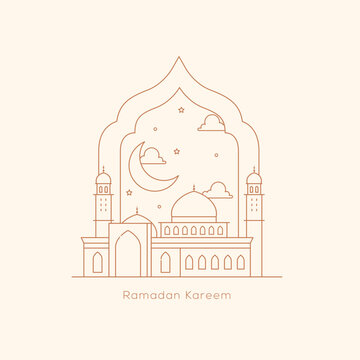 Ramadan kareem greeting card with line art doodle hand drawn