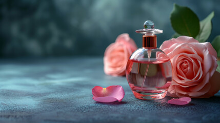 Elegant Perfume Bottle with Pink Roses. - obrazy, fototapety, plakaty