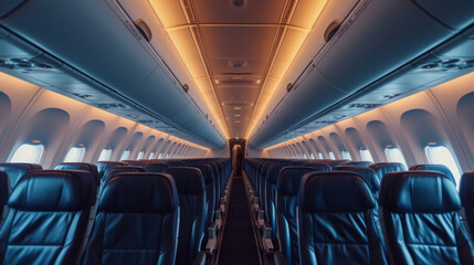 Obraz premium Empty Airplane Cabin with Blue Seats.