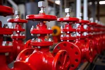 Close-up of a red gate valve in an industrial setting, surrounded by a maze of pipes and gauges, reflecting the complexity of modern manufacturing processes