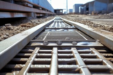 A Detailed View of a Trench Drain System in an Industrial Setting, Surrounded by Concrete Pavements and Metal Structures - obrazy, fototapety, plakaty