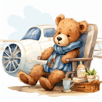 Cute brown bear in a chair against the background of an airplane.