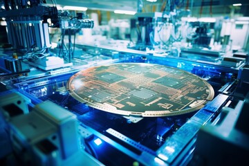 A Detailed View of a Silicon Wafer in an Industrial Setting, Surrounded by High-Tech Machinery and Illuminated by Fluorescent Lights - obrazy, fototapety, plakaty