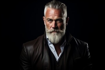 Portrait of handsome senior man with gray beard and mustache in leather jacket on black background.