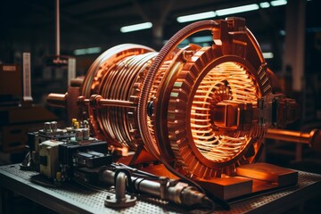 A close-up view of a large industrial electric coil, surrounded by intricate machinery in a bustling factory setting, illuminated by the soft glow of overhead lights - obrazy, fototapety, plakaty