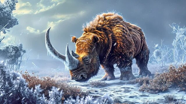 An impressive woolly rhinoceros its curved horns glistening with ice crystals as it grazes on frozen vegetation.