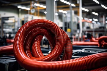A close-up view of a heavy-duty industrial hose, coiled and ready for use, set against the backdrop of a bustling factory floor filled with machinery and workers