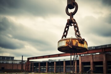 A solitary industrial hook hanging from a weathered crane against a backdrop of an old factory under a cloudy sky