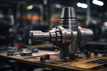 Fototapeta premium Close-up of a shiny metal nozzle, an essential industrial part, against a blurred backdrop of a bustling factory floor filled with machinery and workers