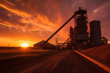 A colossal coal hopper stands majestically against a backdrop of industrial machinery and a vibrant sunset, symbolizing the power of industry