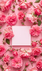 white pink square in the middle surrounded by pink roses on ground
