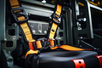 A Detailed View of a Robust Industrial Seatbelt and Harness Set Against the Intricate Machinery Background