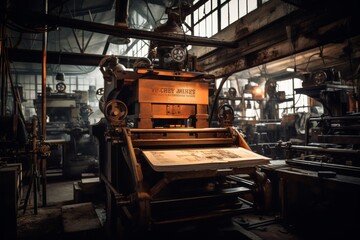 An intricate printing plate lies idle in an industrial setting, surrounded by machinery and bathed in the warm glow of overhead lights