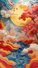 Chinese Lunar Asian New Year Dragon Paper Cut Phone Wallpaper Background Illustration
