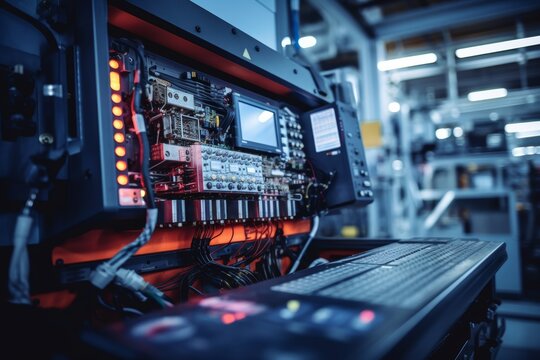 A Close-Up View of a Sophisticated Transmission Control Unit (TCU) Set Against the Intricate Backdrop of an Industrial Manufacturing Environment