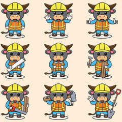 Cute Buffalo Construction Contractor Illustration. Vector illustration of a cute building foreman Buffalo . Cute Buffalo construction worker cartoon. Flat Cartoon Style.