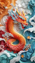 Obraz premium Chinese Lunar Asian New Year Dragon Paper Cut Phone Wallpaper Background Illustration