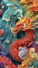 Fototapeta premium Chinese Lunar Asian New Year Dragon Paper Cut Phone Wallpaper Background Illustration