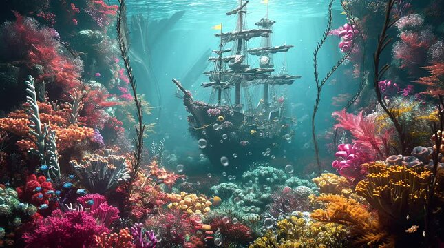 Adorable Pirate Ship Submerged Underwater Seamless looping 4k time-lapse virtual video animation background. Generated AI
