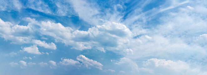 Banner Tropical summer blue sky fluffy white cloud summertime on light sunny day cloudscape. Panoramic Clear bright blue skyline spring sunlight climate background. Heaven blue ecology for web banner - obrazy, fototapety, plakaty