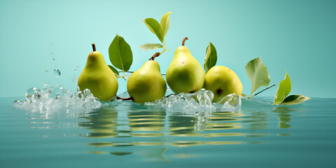 Levitation of sweet pears in the air with splashes of water. Fruits on a blue background.