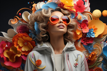 A High Fashion Female Model wearing Large Sunglasses in front of Colorful Flowers