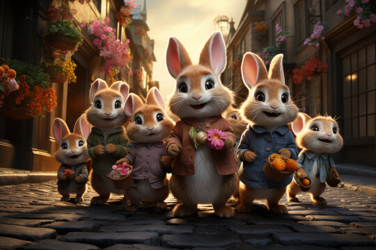 easter bunnies in a street holding eggs