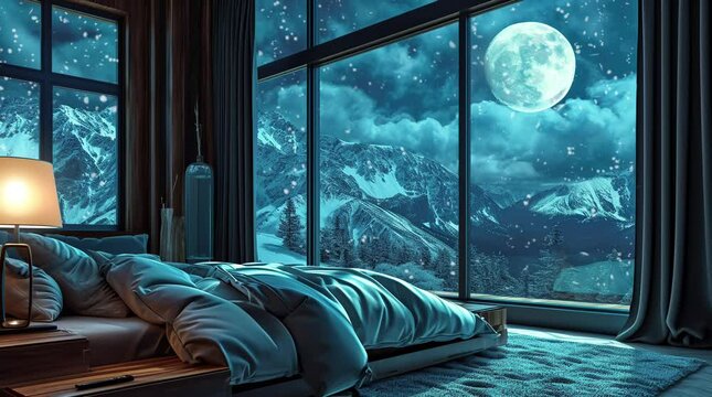 Spectacular Night View from Bedroom Window Seamless looping 4k time-lapse virtual video animation background. Generated AI