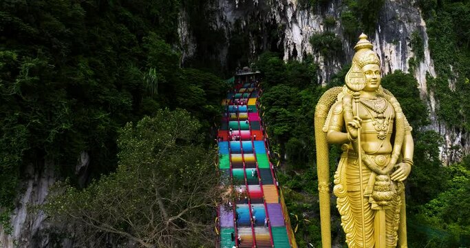 Murugan Statue At The Entrance Of Batu Caves In Gombak, Selangor, Malaysia. drone sideways shot