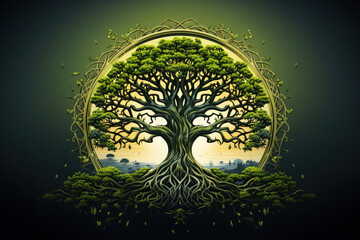 A Celtic tree illustration with growing roots and a sun backlighting it - obrazy, fototapety, plakaty