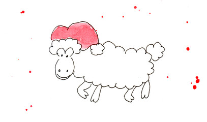 Sheep in Santa Claus hat, animal. Watercolor illustration on a winter theme, congratulations.