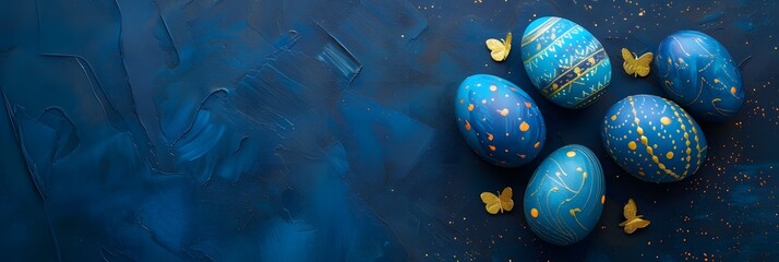 Wide banner with a blue textured background and golden decorations on blue Easter eggs - Generative ai