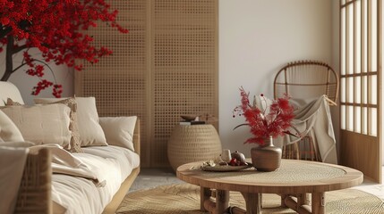 Warm and cozy interior of living room space with round wooden table, beige sofa, red flowers, kimono, rattan chair, decoration. Home decor. Template