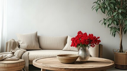 Warm and cozy interior of living room space with round wooden table, beige sofa, red flowers, kimono, rattan chair, decoration. Home decor. Template