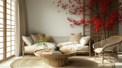 Warm and cozy interior of living room space with round wooden table, beige sofa, red flowers, kimono, rattan chair, decoration. Home decor. Template