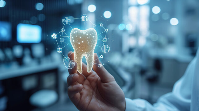 Dental services Dentistry concept Dental insurance dental care dental care Doctor holds tooth icon and medicine network connection on virtual screen.