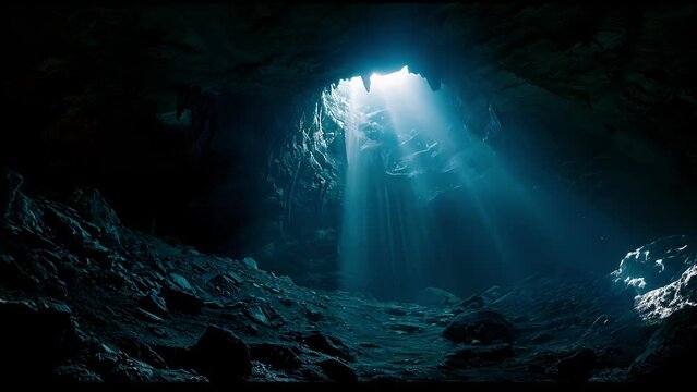 The only source of light in the cave comes from a small opening in the ceiling casting a sinister glow over the scene below.