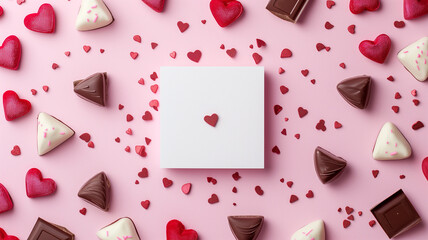 white pink square in the middle surrounded by Valentine's Day Chocolate on ground