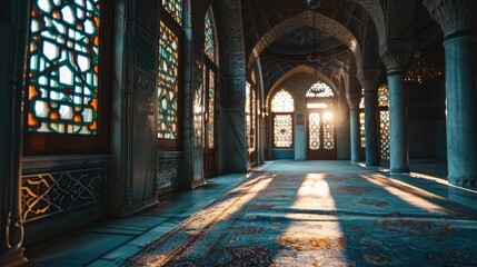 Islamic Cultural Heritage: Majestic Domes and Serene Reflections at the Grand Mosque, Sunset Serenity: Reflective Pools at the Grand Mosque