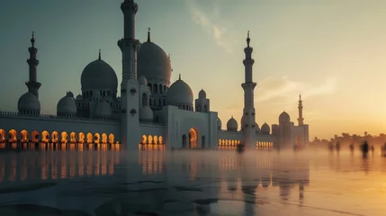 Gardinen Cultural Reverence and Spiritual Harmony: Ramadan Reflections at the Grand Mosque, Sunset Silhouette of Sheikh Zayed Grand Mosque with Reflective Pools - Spiritual Landmark. © Art Stocker