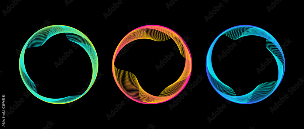 Poster Neon blend circle lines set. Colorful glowing round tech frame collection. Curved wavy line circles on black background. Bright gradient circular border pack. Vector design element bundle